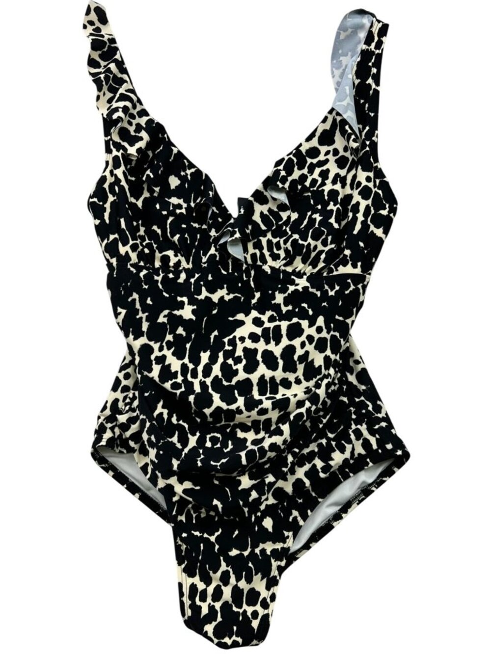 DKNY Women's Ruffled V-Neck Underwire One-Piece Swimsuit Black Beige Leopard